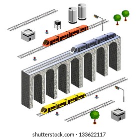 A Set Of Vector Elements Isometric Railroad With Train