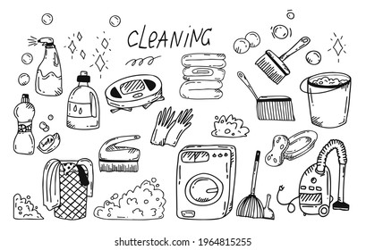 Set of vector elements with items for cleaning. Washing machine, powder, vacuum cleaner and more in the style of doodle.