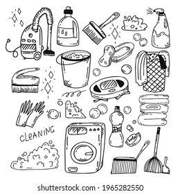 Set of vector elements with items for cleaning. Washing machine, powder, vacuum cleaner and more in the style of doodle.