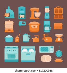 Set of vector elements kitchen appliances: stove, microwave, dishwasher, coffee machine, blender, slow cooker, toaster, electric kettle, juicer, dish, waffle iron, scale, pan and other.