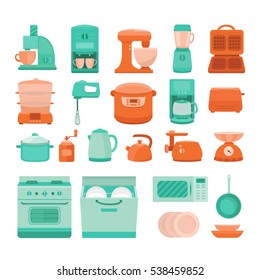 Set of vector elements kitchen appliances: stove, microwave, dishwasher, coffee machine, blender, slow cooker, toaster, electric kettle, juicer, dish, waffle iron, scale, pan and other.