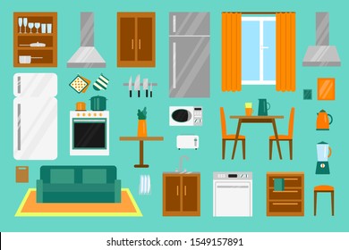 set of vector elements for kitchen designer. Furniture, equipment, appliances, dishes. Illustration in flat style.