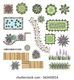 set of vector elements for landscape design, different plants, wood path, stone path, artificial lake 