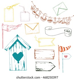 Set of vector elements, linear drawing, birdhouse, paper envelope