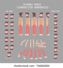 Set of vector elements for male character creation and animation. Different emotions, poses, face expressions, body parts of young hipster man