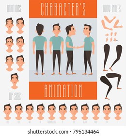 Set of vector elements for male character creation and animation. Different emotions, poses, face expressions, body parts of young hipster man in casual clothes 