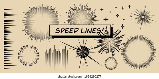 Set of vector elements for manga and comic book design. Hand-drawn lines, streaks to convey the impression of speed.