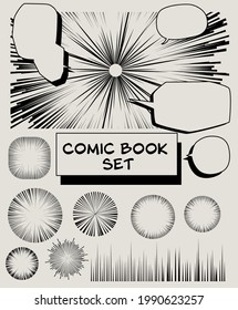 Set of vector elements for manga and comic book design. Hand-drawn lines, streaks to convey the impression of speed.