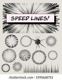 Set of vector elements for manga and comic book design. Hand-drawn lines, streaks to convey the impression of speed.