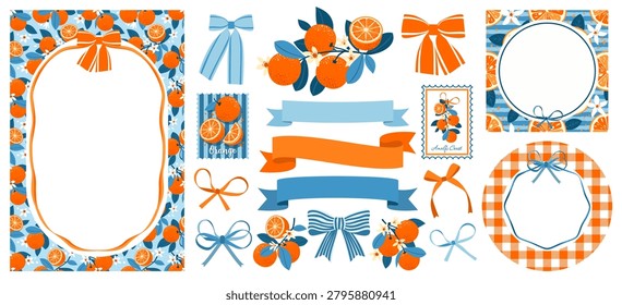 A set of vector elements in the Mediterranean style - frames and borders with a cage and an orange pattern, branches with orange fruits, ribbon banners, various bows. Illustrations in blue and sunny orange colors for themed and festive events in the style of the Amalfi coast - certificates, cards, tags, photo frames, banners, labels, stamps, social media and album design. Illustrated vector clipart. Hand draw no ai.