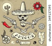 Set of vector elements. Mexican theme. Tattoo-art design. New traditional tattoo style. Hand-drawn vector images.Good for printing on t-shirt. Easy to edit. EPS8 file. Vintage colors. Tattoo font.
