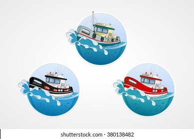 set of vector elements. Moving speed fishing, rescue and police boat. Deep sea with wave. Round computer icons for applications or games. Logo template. Handdrawn Illustration