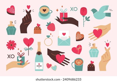 Set of vector elements with multiethnic hands for Valentine's day design.