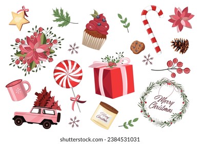 Set of vector elements. New Year Christmas. Vector illustration. Set of icons, stickers, decorative elements. Isolated vector.