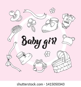 Set of vector elements for newborn girls. Booties, rattle, lullaby, ribbons, bows, flowers, hat with ears, baby hairbrush, nipple. For postcards, design, decor, textiles, factories, manufactory