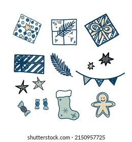 A set of vector elements on a Christmas theme. Garlands, candies, socks, gifts and stars are drawn manually in the vector. Suitable for holiday decor, decoration of invitations, gift paper.