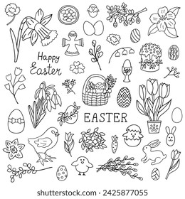 Set of vector elements on Easter theme. Contour drawing on a white background.