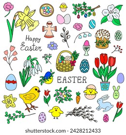 Set of vector elements on Easter theme. Contour drawing on a white background.