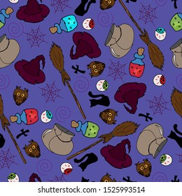 Set of vector elements on a purple background for Halloween. Hats, eyes, Pets and witch supplies