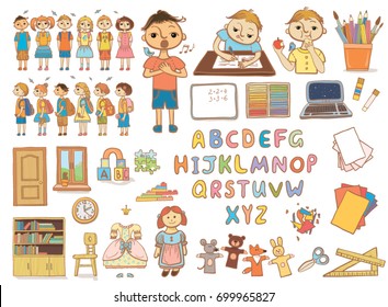 A set of vector elements on a school theme in the style of a cartoon. Pupils, stationery, toys, classroom furniture, a stylized alphabet will help to arrange benefits for teaching children.