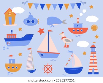 Set of vector elements on the sea theme in bright colors with cute ships 