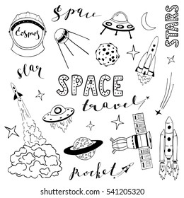 Set of vector elements on the space theme. Lettering.