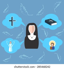 Set of vector elements on the subject of religion. The nun is drawn in cartoon style graphics on a blue background. Icons in the form of clouds with symbols of faith. Vector illustration