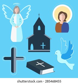 Set of vector elements on the subject of religion. Icons with symbols of faith on a blue background. Angel, dove, cross into a flat style. It can be used to design flyers. Vector illustration