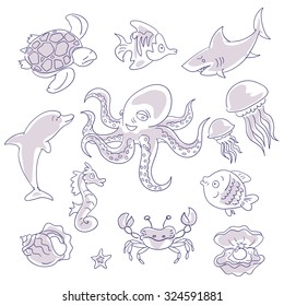 Set of vector elements on the subject of underwater inhabitants