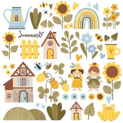 Set Of Vector Elements On The Theme Of Garden, Village, Nature In Cartoon Style. Sunflowers, Cute Houses, Flowers, Butterflies, Girls In Rural Costumes Cartoon Illustrations.