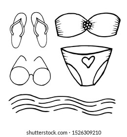 Set of vector elements on theme of summer, beach vacation: swimsuit, flip flops, glasses, waves. Elements drawn by hand in doodle style. For design of trendy backgrounds, textures, surfaces