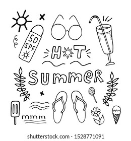 Set of vector elements on theme of summer, beach vacation: ice cream, flip flops, juice, sunscreen. Elements drawn by hand in doodle style. For design of trendy backgrounds, textures, surfaces