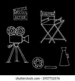 Set of vector elements on the theme of film making on a black background.