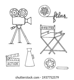 Set of vector elements on the theme of film making on a white background.