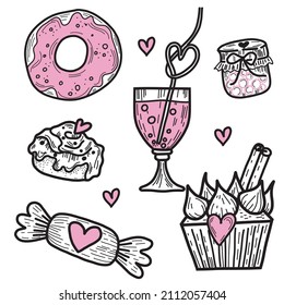Set of vector elements on the theme of the holiday valentine's day. Sweets for valentine's day in doodle style.
