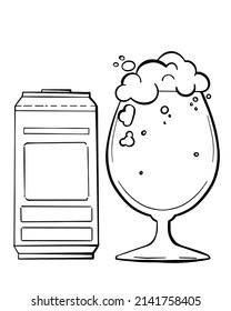 a set of vector elements on the theme of beer, a tin can and a glass with beer and foam flowing down the walls
