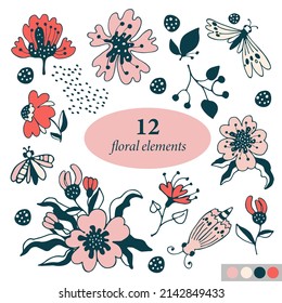 Set of vector elements on the theme of summer, flowers, butterflies, leaves. Vector illustration on a white isolated background. Botanical print. Doodle leak. four colors: red, green, red, pink