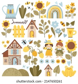 Set of vector elements on the theme of garden, village, nature in cartoon style. Sunflowers, cute houses, flowers, butterflies, girls in rural costumes cartoon illustrations.