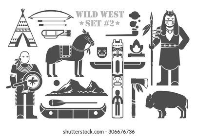 Set of vector elements on the theme of wild West. North America indians. Life of native Americans. The development of America. Modern flat style. Part two.