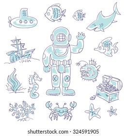 Set of vector elements on the theme of deep diving