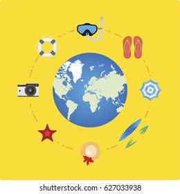 Set of vector elements on the theme of tourism and recreation. Elements on the background of the globe. Flat vector illustration EPS 10