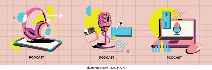 Set of vector elements on the topic of podcast. Hand drawn headphones, microphone, phone and laptop. Compositions in the style of flat with geometric multi-colored elements. Isolated objects