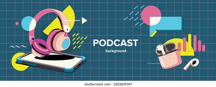 Set of vector elements on the topic of podcast. Headphones, a phone with a text block and sleep bauble in the style of the 90s. Compositions in the style of flat with geometric multi-colored elements