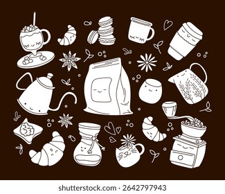 Set of vector elements on the topic of coffee. White elements on a dark background. Coffee beans, coffee grinder, cups, coffee time.