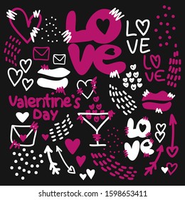 Set of vector elements on Valentine's Day.Hand drawn vector flat objects-hearts, lettering, arrows, envelopes. 