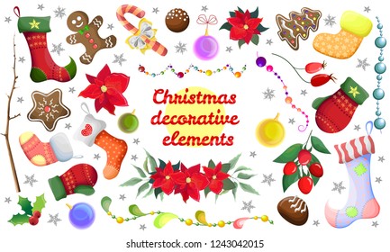 Set of vector elements on white background for Christmas design. Sock, mitten, mistletoe, poinsettia, garland, Christmas ball, tree branch, sweets, gingerbread, candy cane. All elements are isolated.