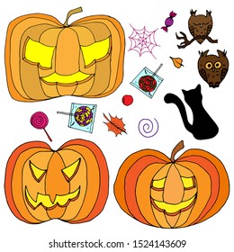 Set of vector elements on a white background for Halloween. Three pumpkins, sweets, candy, leaves, owls, a cat, a spider's web.