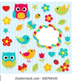 Set of vector elements - owls, birds, flowers, butterflies, ladybugs etc.