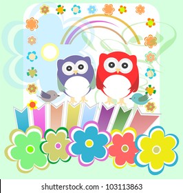 Set of vector elements - owls, birds, flowers, butterflies, ladybugs etc