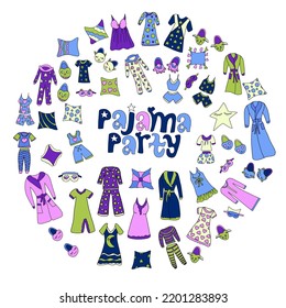 Set of vector elements for  Pajama party invitation.  template Slumber party for kids.  illustration of hand-drawn sketches in a doodle style. elements for good sleep. Lettering Pajama Party